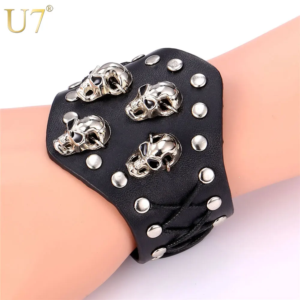 

U7 New Skull Fashion Cuff Bracelet Punk For Men Jewelry Stainless Steel Black Brown Wrap Leather Bracelets Halloween Gift H882