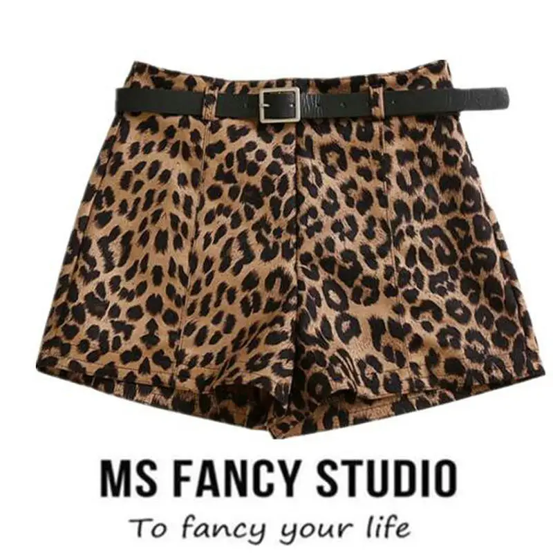 Women Winter High Waist Leopard Shorts With Belt Wide Leg Winter Shorts Korean Thick Shorts with Sashes Bottoms