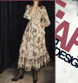 

2019 Vintage Long Dress Top Quality Sexy Print V-Neck Puff Sleeve Night Club Fashion Evening Party Dresses Summer