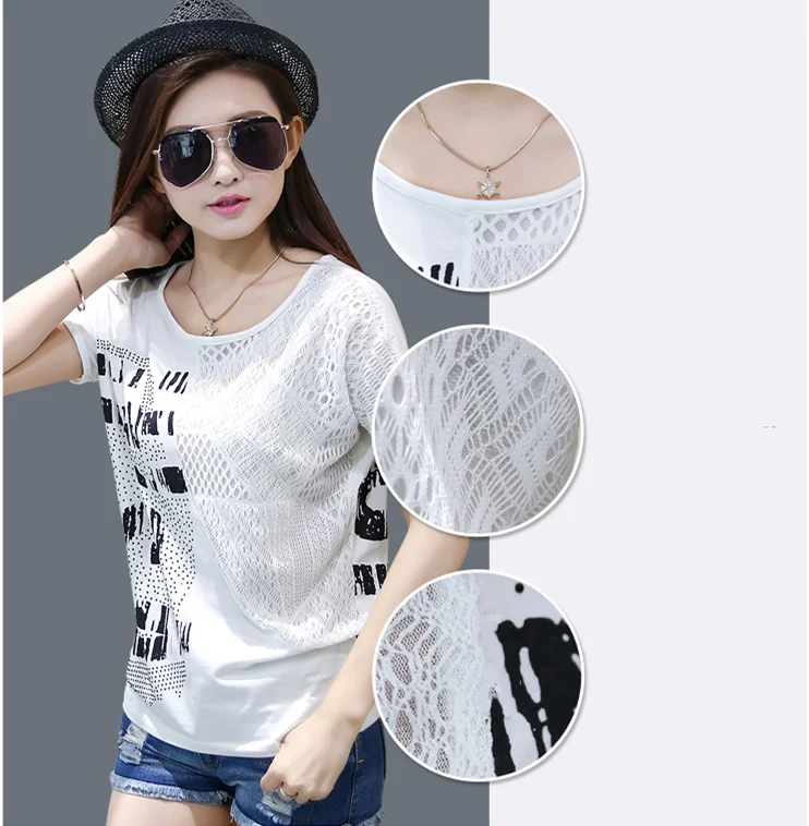 

Mr.nut summer short-sleeved T-shirt 2019 new XL women's loose lace top Office Lady Cotton funny t shirts kyku