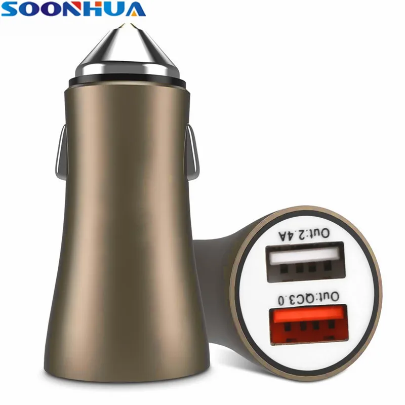 

SOONHUA Aluminum Alloy QC3.0 Car USB Charger 5V 2.4A Dual USB Ports Quick Charging Adapter For Samsung iPhone Xiaomi Tablets