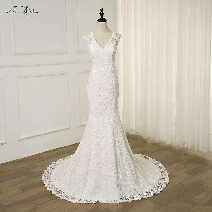 

ADLN Elegant Mermaid Lace Bridal Gown Cap Sleeve V-neck Bohemian Wedding Dresses with Open Back Vestidos de Novia 2019