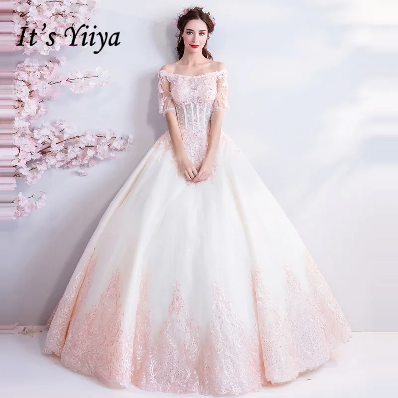 

It's YiiYa Evening Dress Embroidery Beading Pearls Shining Wedding Formal Dresses Boat Neck Floral Illusion Long Party Gown E185