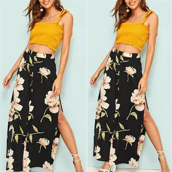 

2019 Boho Women Summer Floral Printed Wide Leg Pants Bohemian High Split Elastic High Waist Loose Pants Fashion New Trouser