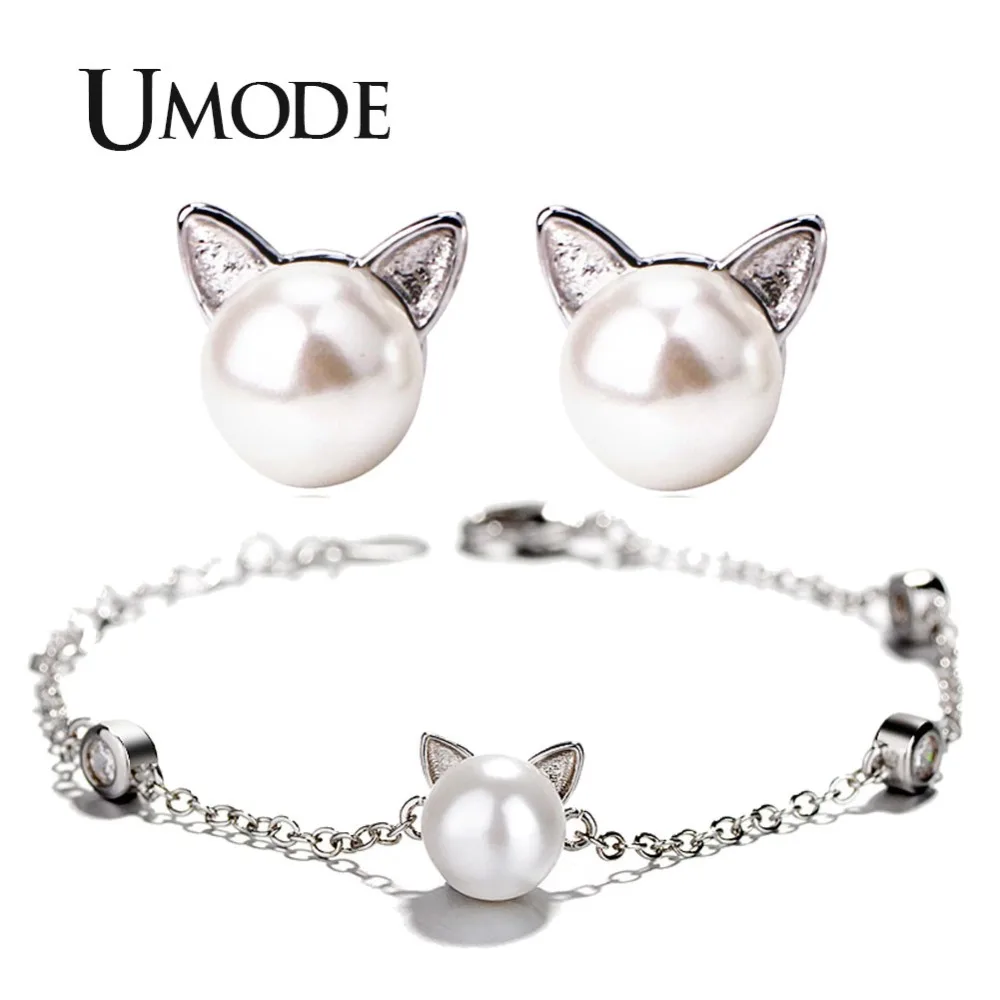 

UMODE Cute White Pearl Cat Ear Jewelry Sets for Women Earring and Bracelet Set Link Chain White Gold Color Pearl Jewelry AUS0048