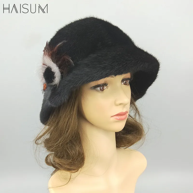 

The new winter mink hat lady warm brim cap whole fur mink Korean version of the top hat with flower fashion MZ24