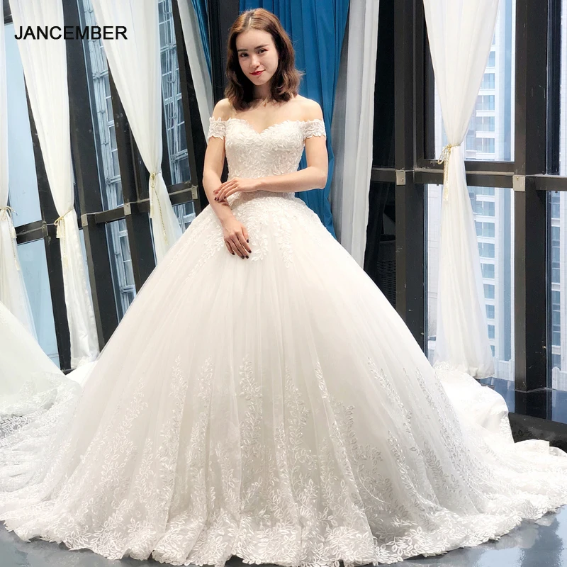 

J66712 jancember lace wedding dresses plus size sexy sweetheart off the shoulder ball gowns with long train dantel wedding dress