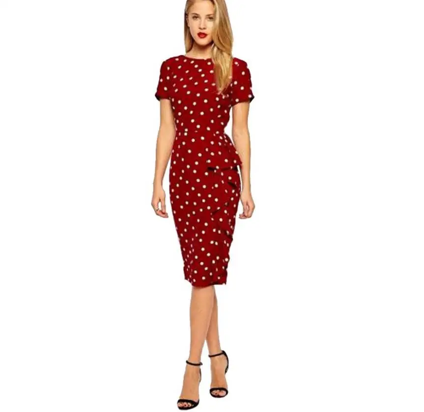 

Red Polka Dot Elegant formal Patchwork Short sleeve Dresses black Office Charming Women Ruched Bodycon Hem opening Pencil Dress