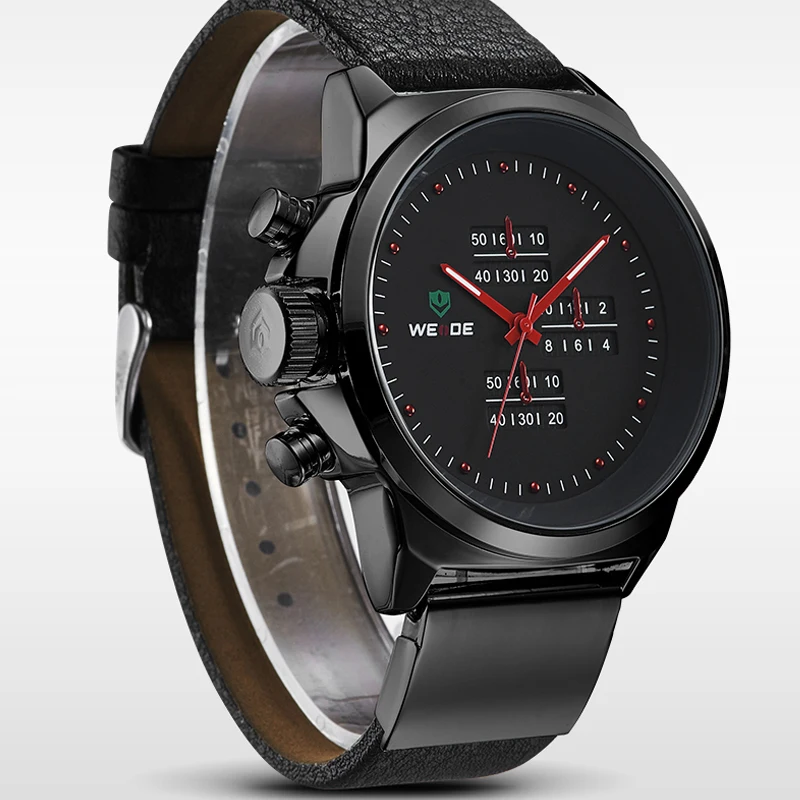 

Mew WEIDE Military Watches Men Quartz Sports Analog Black Leather Strap Army Luxury Clock Brand Leather Strap men watch Buckle