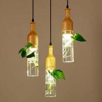 

Modern simple plant hanging lights creative wooden glass bottle pendant lighting for dining room restaurant cafe bar luminaire