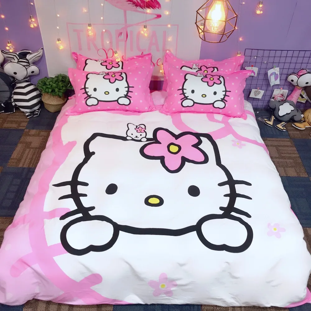 Рисунок «Hello Kitty» печатных Постельное белье для девочек/Дети Карамельный цвет хлопок пододеяльник плоский лист наволочка Twin queen king спальное место для кошки