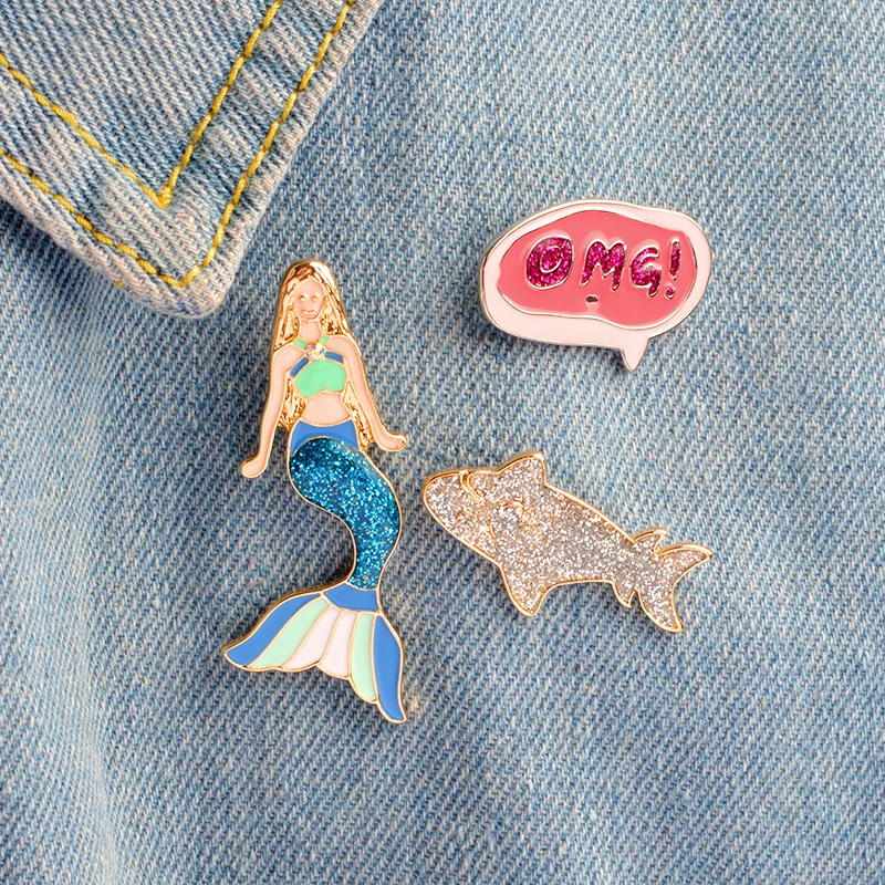 

Fashion Cartoon Blonde Blue Mermaid Shark Pink OMG! Dialog Enamel Metal Brooch Cute Trendy Costume Backpack Jewelry Gift