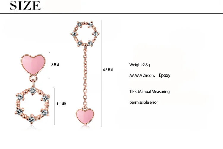 Anenjery розовый любовь сердце ассиметричные Серьги геометрический Циркон Длинная кисточка 925 пробы серебряные сережки oorbellen S-E783