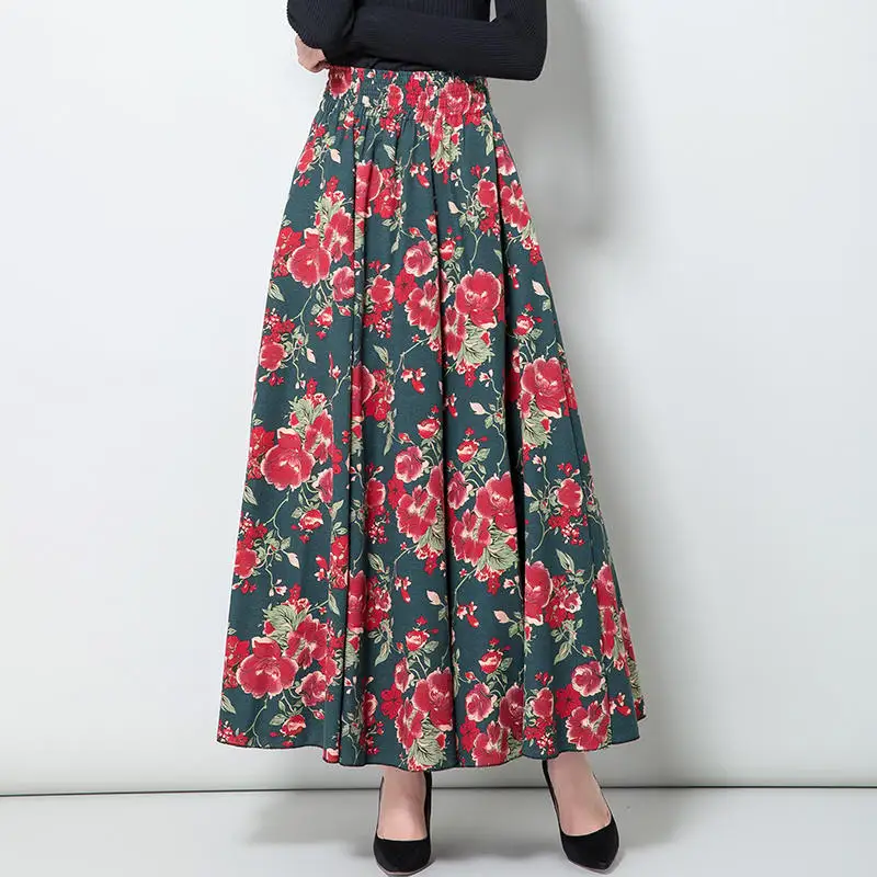 Винтаж хлопково-льняные, с цветочным принтом Для женщин плиссированная юбка осень Высокая талия юбка с карманами элегантное Длинная юбка макси C5107