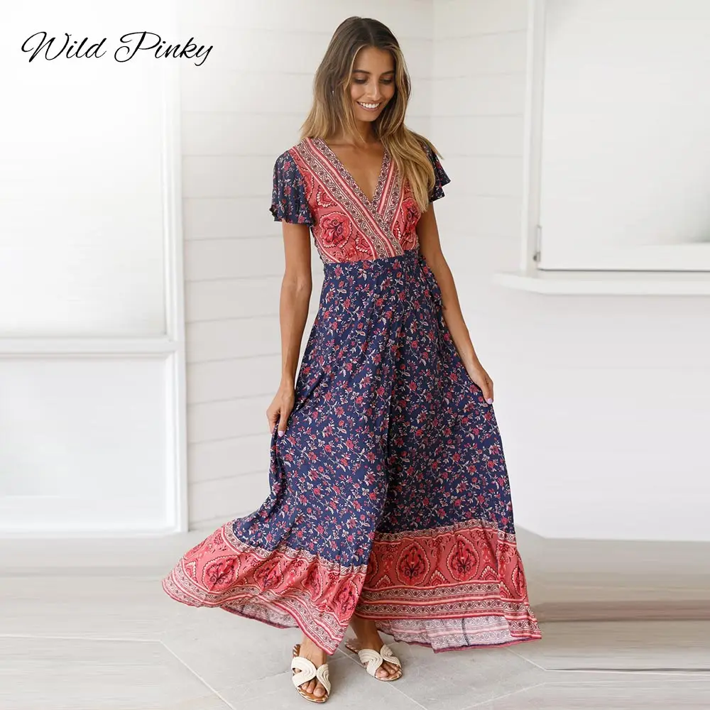 

Women Long Maxi Dresses Bohemia V-neck short Sleeve Floral Print Ethnic Summer Beach Female Split Stylish Style Dress boho