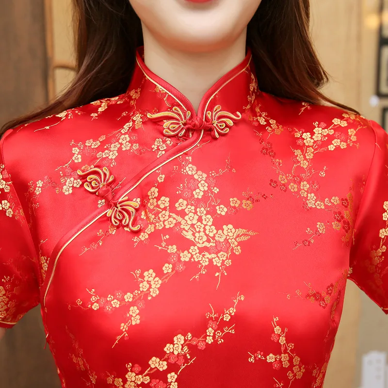 Красное китайское женское платье, винтажное, атласное, Qipao, сексуальное, длинное, тонкое, Cheongsam, горячая Распродажа, Цветочное платье, Размеры s m XL XXL 3X4XL 5XL 6XL JA13