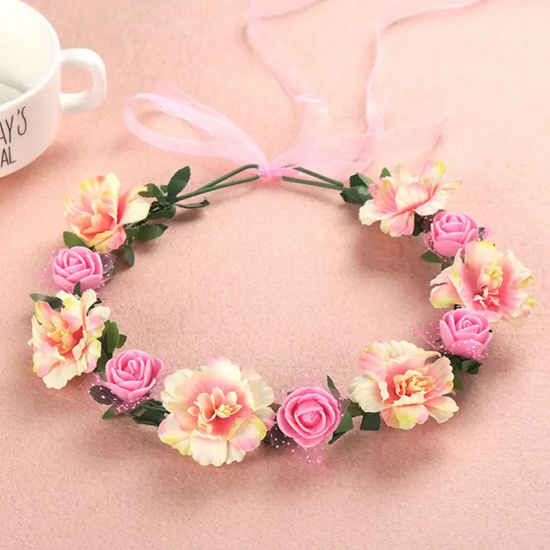Adult Kid Irregular Faux Rose Flower Headband Flower Girls Bridal Wedding Gradient Colored Wreath Crown Mesh Headpiece Beach Cap