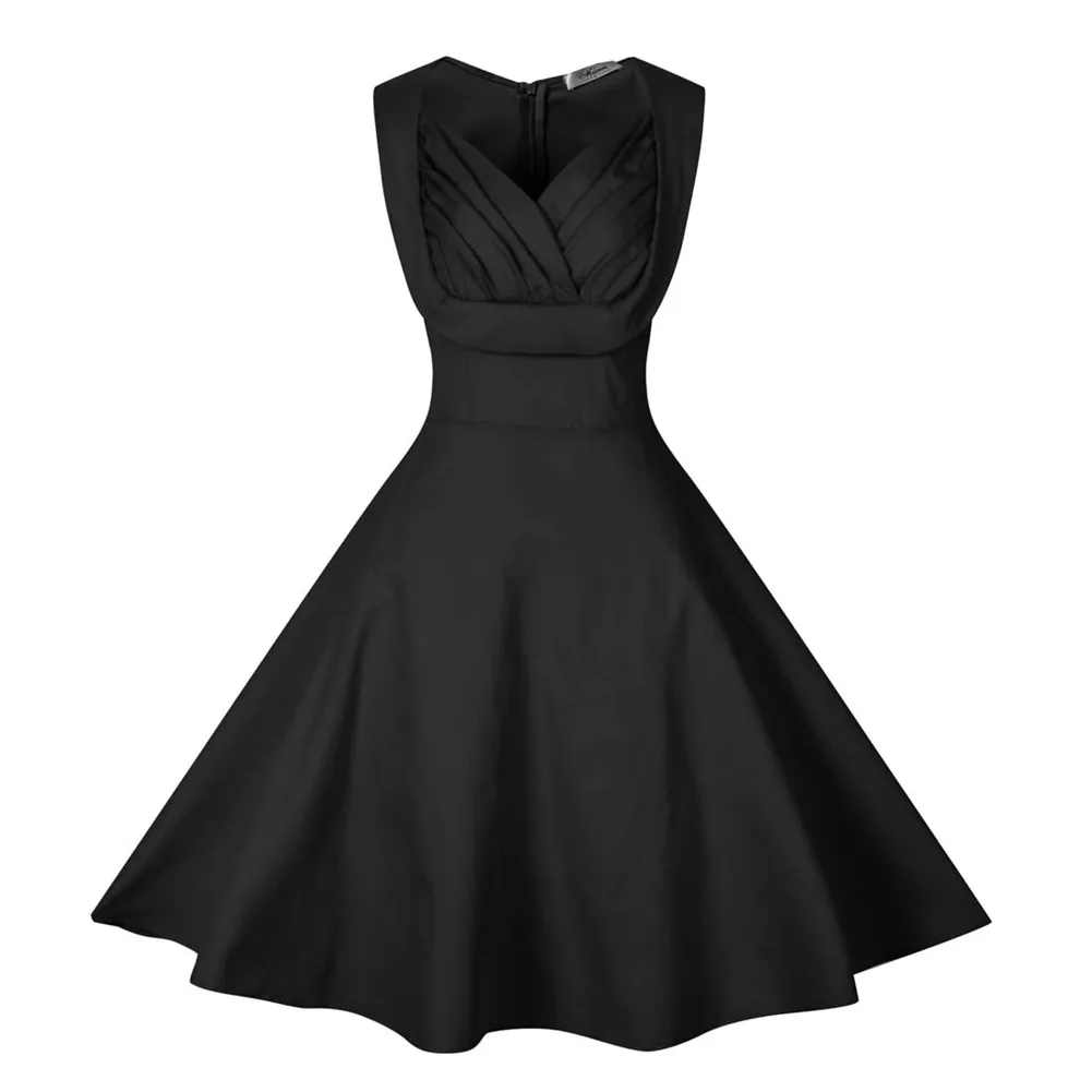 Женское летнее платье в стиле ретро, без рукавов, v-образный вырез, на булавке, рокабилли, свинг, винтажные платья для вечеринок, Повседневная однотонная туника, платья размера плюс - Цвет: Black