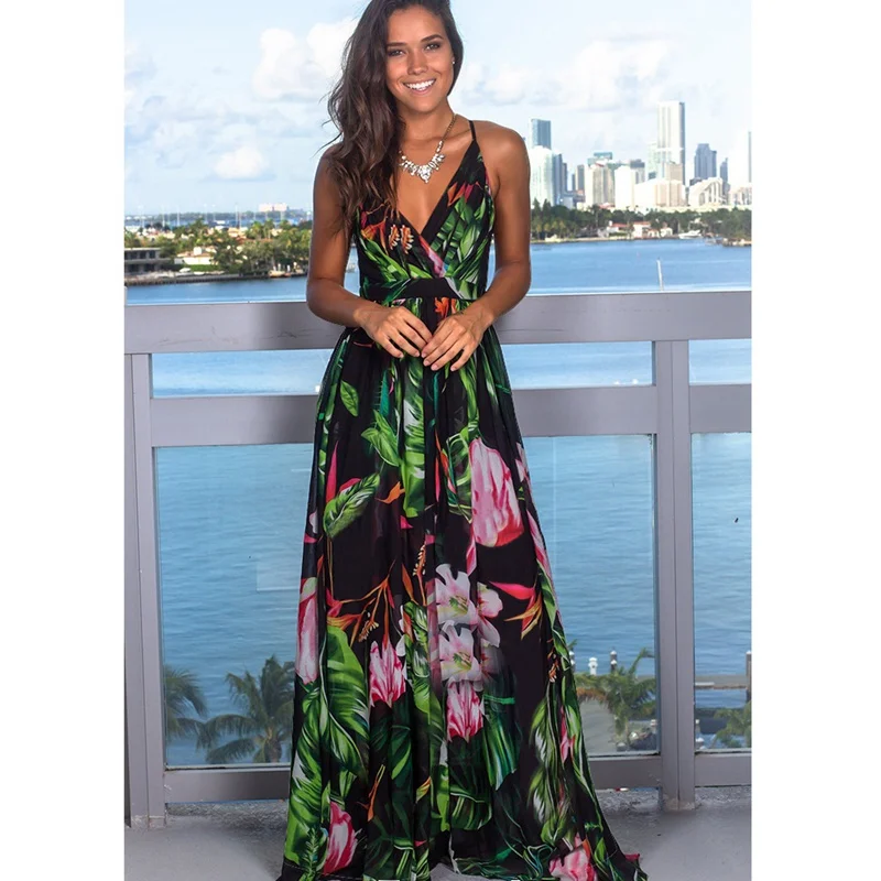 

Women Casual Dress Summer Sexy V-Neck High-Waist Spaghetti Strap Dress Ladies Beach Boho Party Floral Printed Maxi Long Dresses