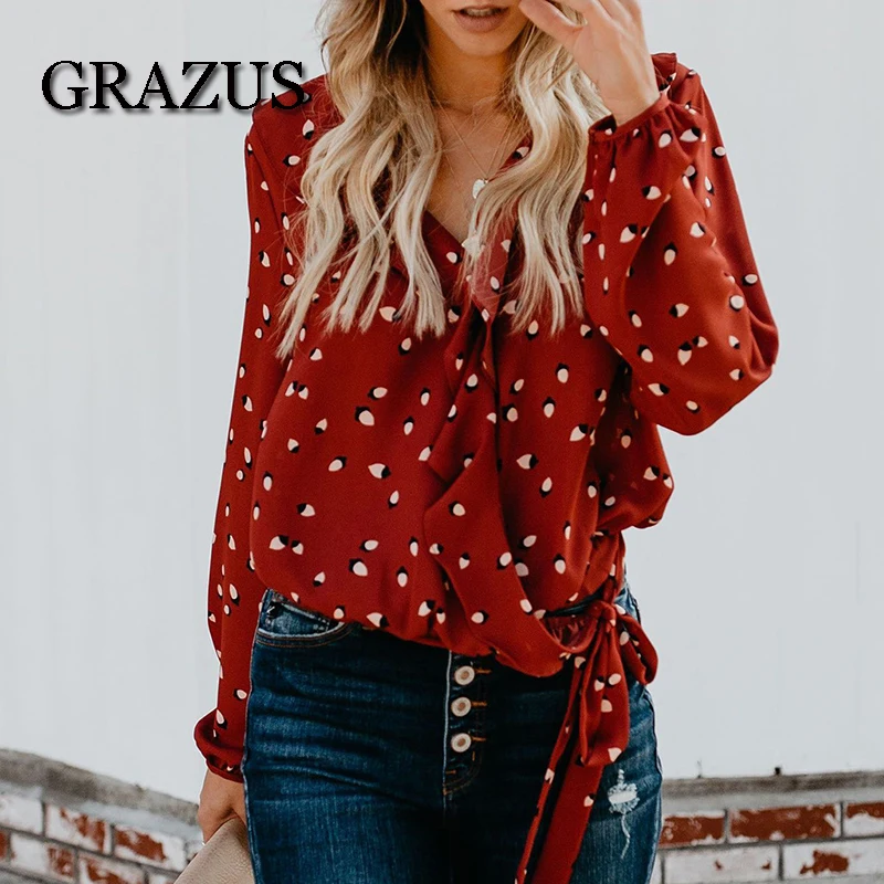 Grazus Chiffon Print Shirts Women 2019 New Ruffles V-Neck Long Sleeve Irregular Womens Blouses Fashion Bandage OL Style Tops |