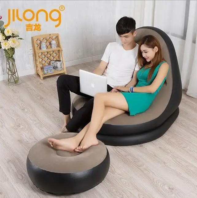 Authentic flocking inflatable lazy sofa fashion leisure sofa luxury with footstool,folding ottoman beanbag set with cushion