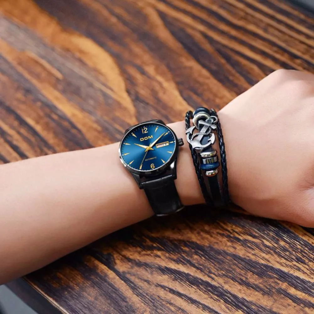 DOM топовый бренд роскошный механический автоматический Мужские часы с кожаным