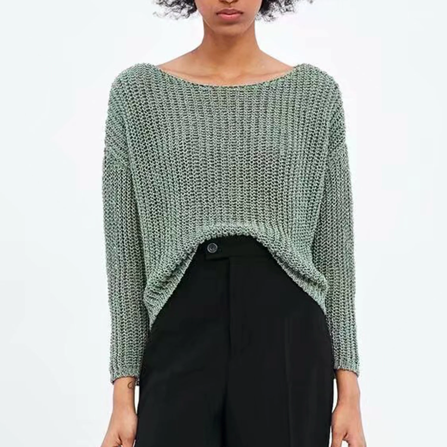 

Autumn gray-green knitted sweater women O neck hollowing out full sleeve Stylish Casual loose stretch sweater femme warm tops