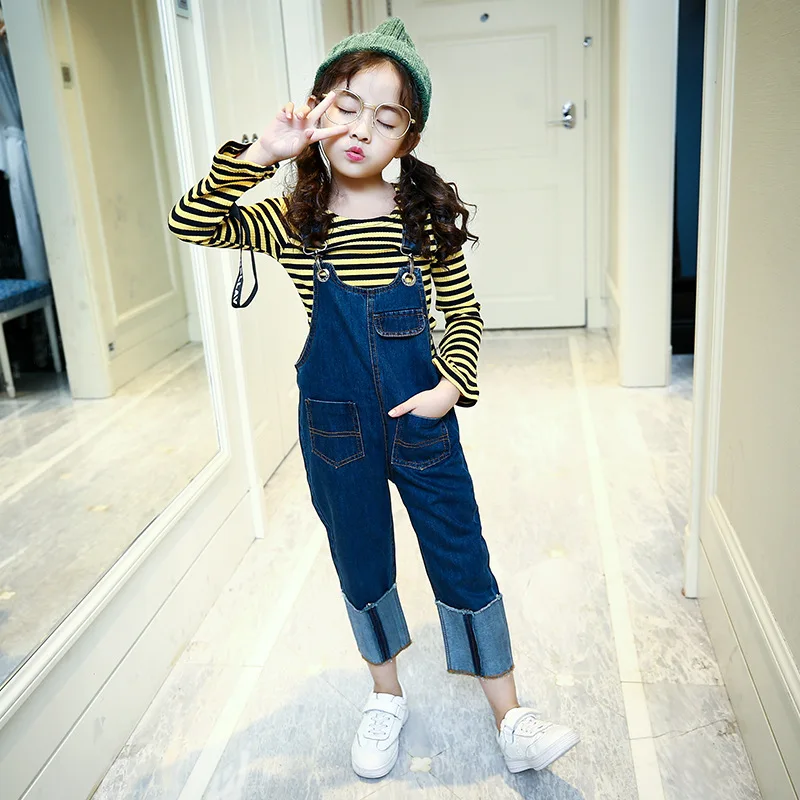 

4 5 6 7 8 9 10 11 12 13 Years Autumn Clothes Set For Girls Teenagers Striped T Shirt + Denim Jumpsuit 2pcs Kids Clothing Teens