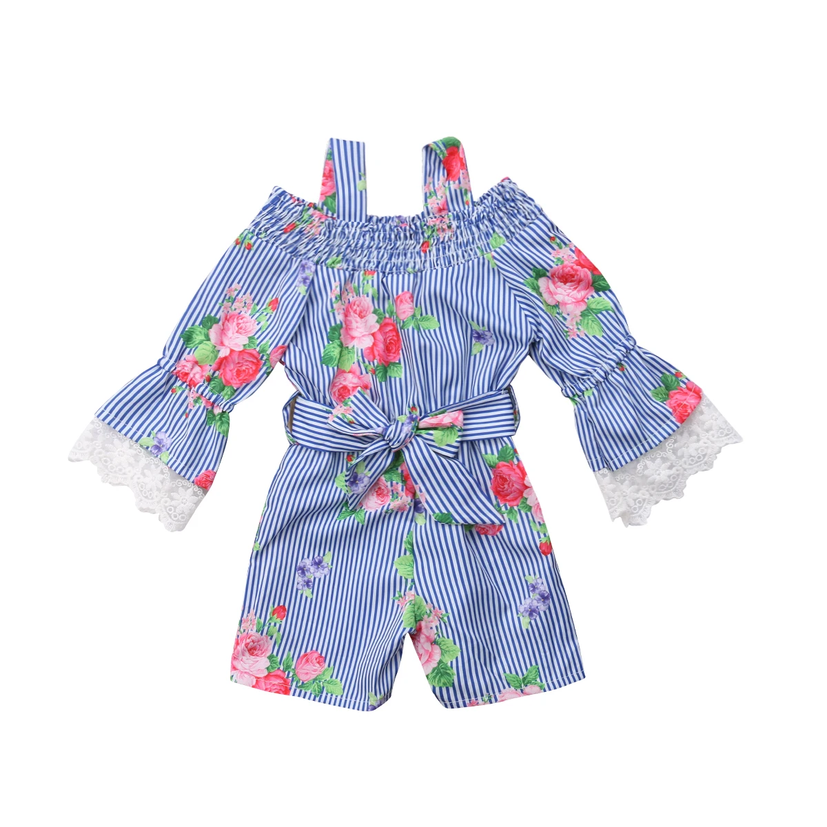 1 6Y Kids Baby Girl Flower Stripe Lace Rompers Long Sleeve Girls