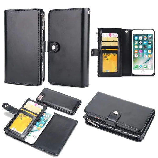 Black XINGDUO чехол для iPhone 6 держатель для карт с подставкой для монет, на молнии, ТПУ чехол из искусственной кожи Бумажник Съемный чехол для iPhone x 7 8 6s плюс - Цвет: Black