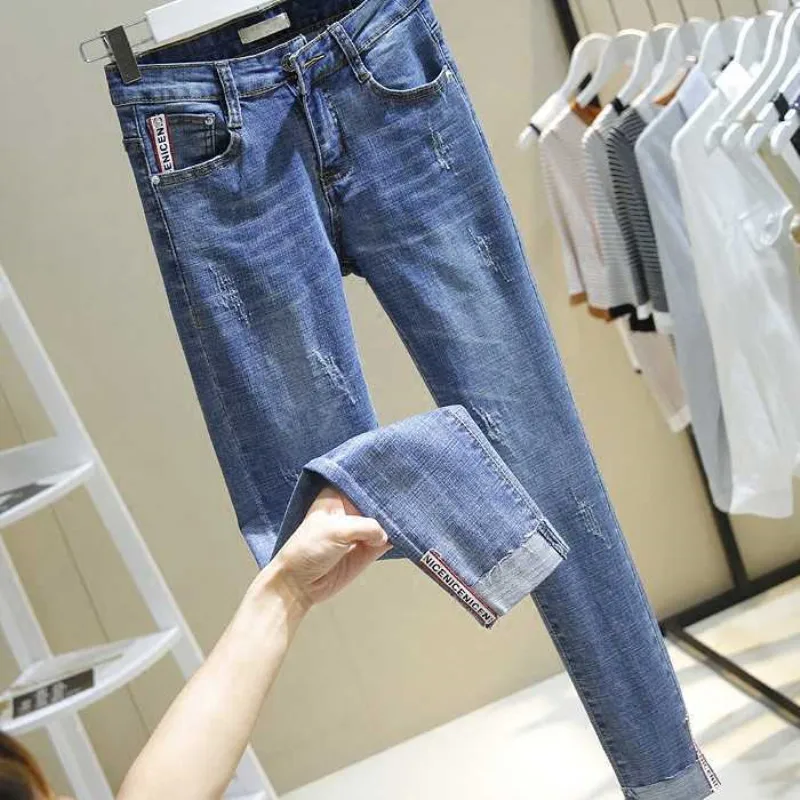 

2019 New Skinny Pencil Jeans Female Hole Blue Pants Cotton Ripped Ankle Length Blue Women Jeans Trousers Pants Plus Size