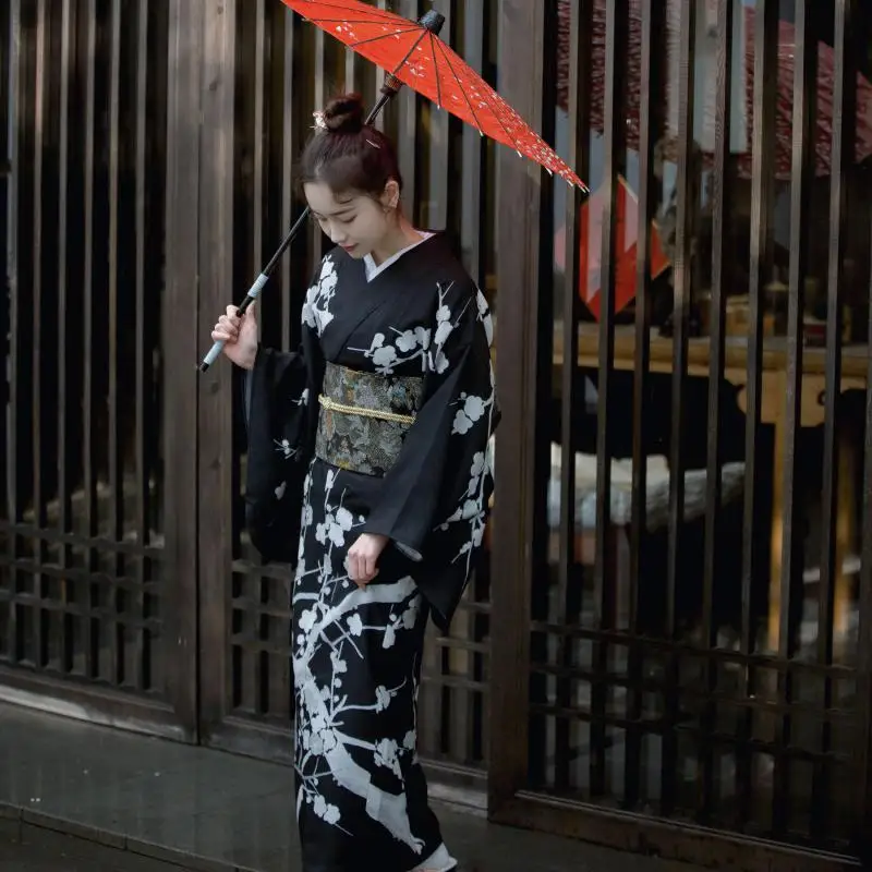 Сексуальное черное женское платье в японском стиле платье с цветочным принтом Гейша Косплей Костюм традиционное кимоно халат юката с Obi s m