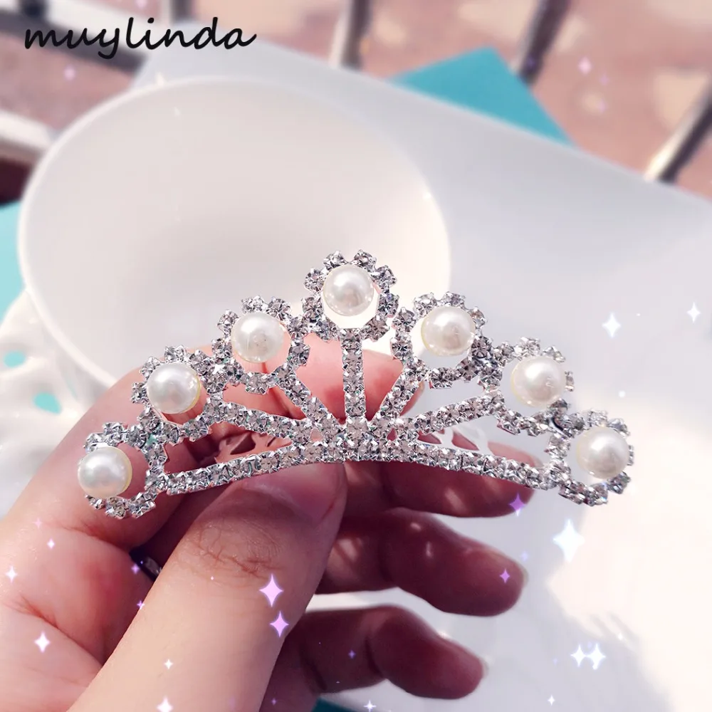 Girls Simulated Pearls Small Tiara Hair Combs Fashion Clear Crystal