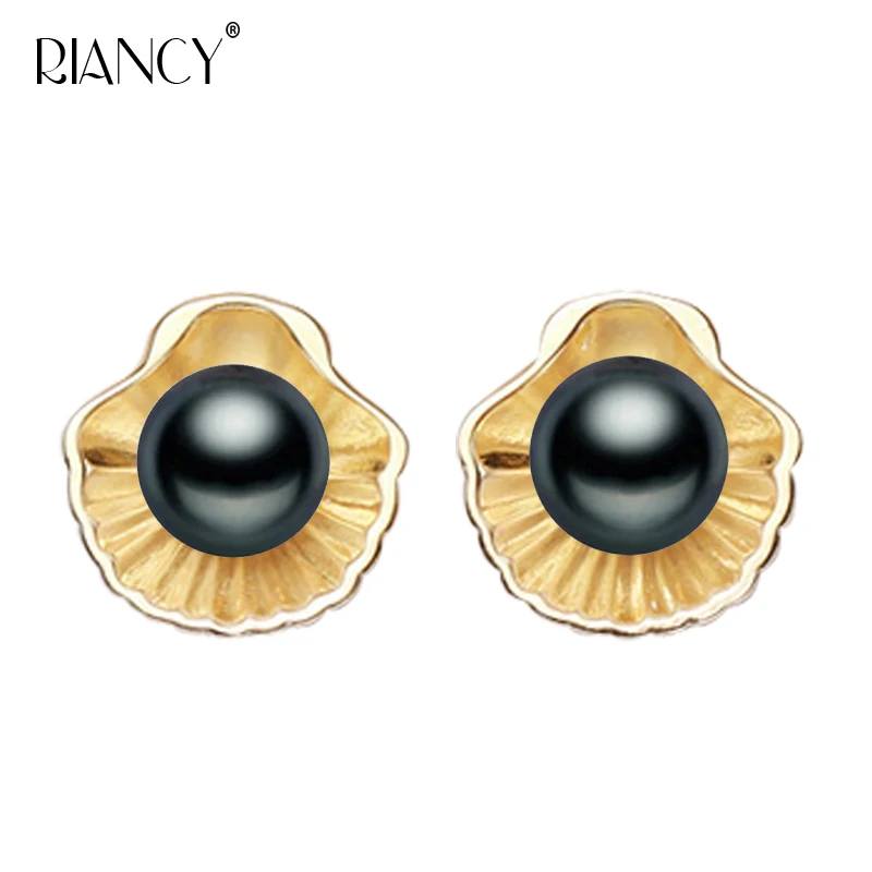 

New Fashion Natural Freshwater black Pearl Stud Earings Shell shape pearl Jewelry For Women wedding gift