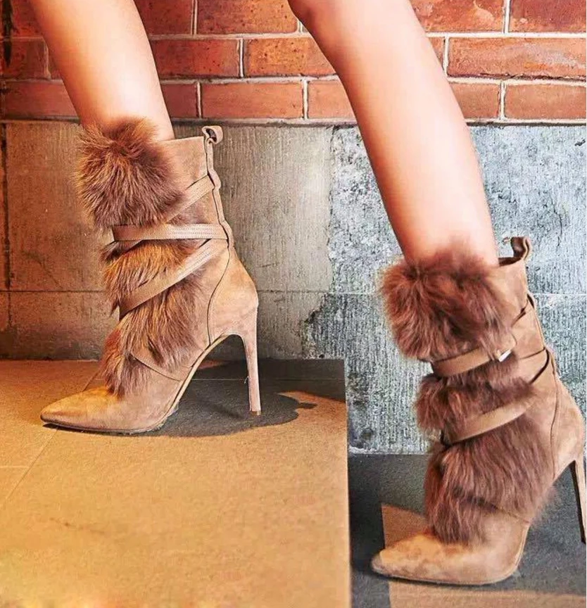 

Jookrrix 2018 Winter New Western Style Fashion Boots Flock Shoes Women Angora Super High Heel Lady Warm Shoe Cross-tied Footware