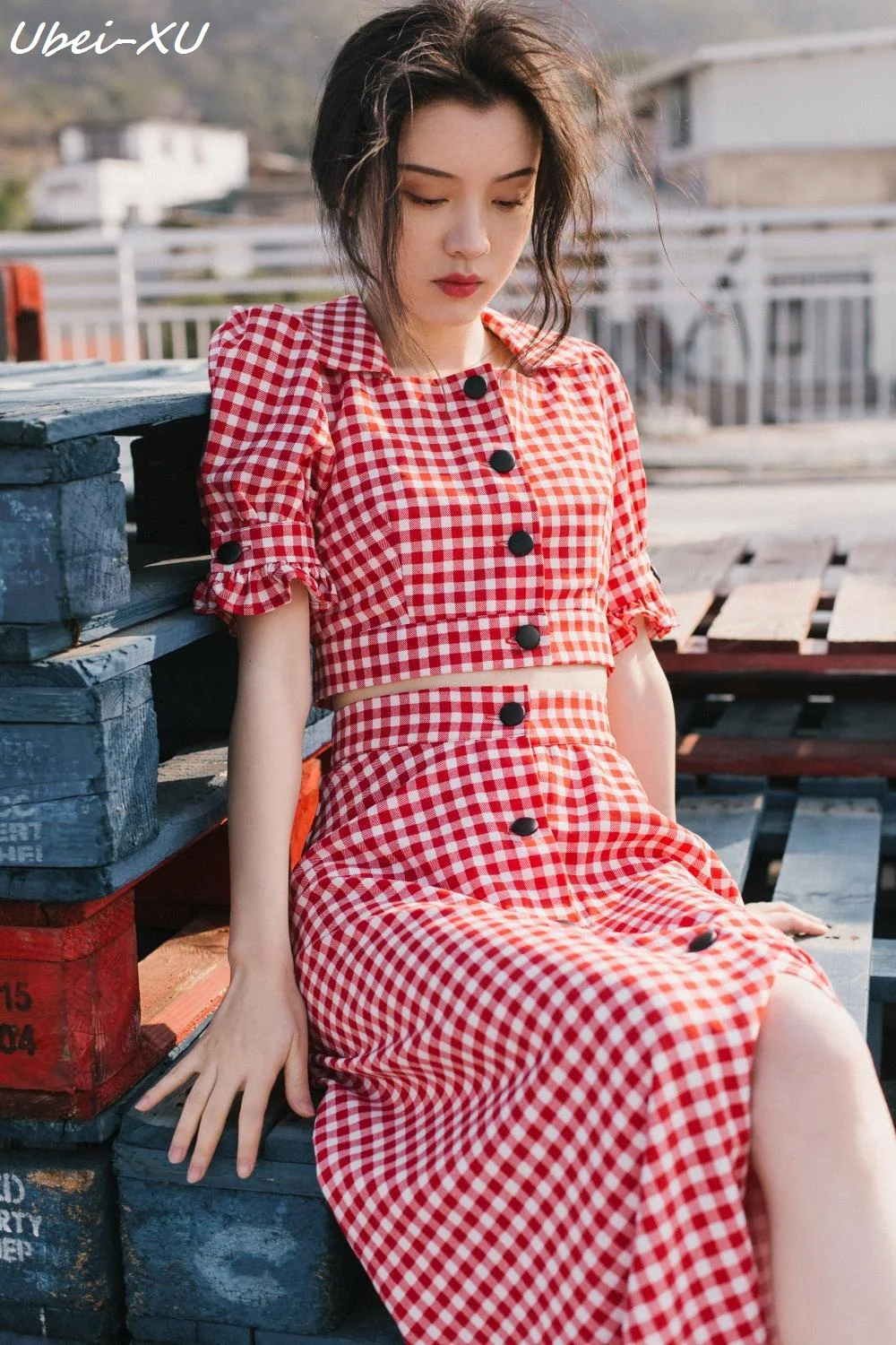 

Ubei Summer 2019 new skirt SETS plaid short sleeve blouse with long skirt French style women two-piece set