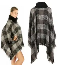 4 Color Ethnic Fusion Tartan Knitted Women Loose Autumn Winter Poncho Knit Turtle Neck Sweater Coat Outwear