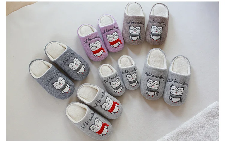 XiaoKaiXin/хлопковые тапочки с вышитыми животными из мультфильмов для женщин/мужчин/детей; зимние домашние плюшевые тапочки с совой на резиновой подошве