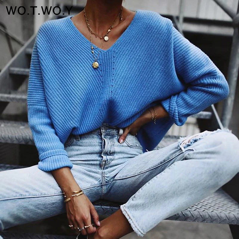 Prezzo WOTWOY 2019 Autunno Inverno Blu Lavorato A Maglia Pullover maglia A Manica Lunga Scollo A V in Cashmere Maglie e Maglioni Donne casual Coreano Femminile Maglione