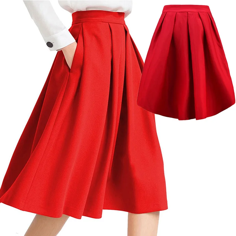 Ball Gown Pleated Skirts Women A Line With Two Pockets Vintage Midi