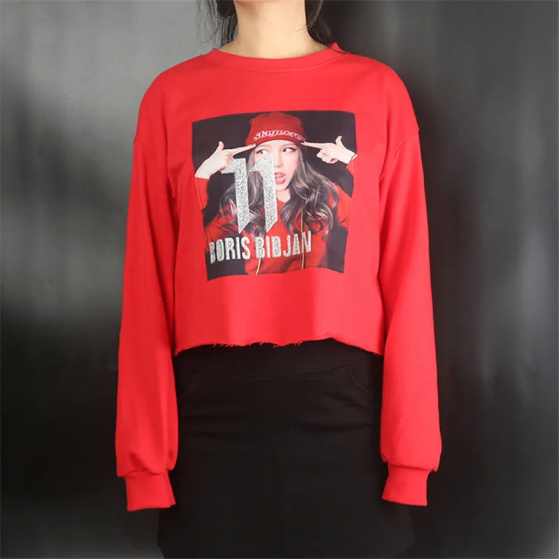 Новые весенние женские Модные короткие Sweatershirt шеврон с принтом шею Свободные голым животом хлопок Sweatershirt jf4147