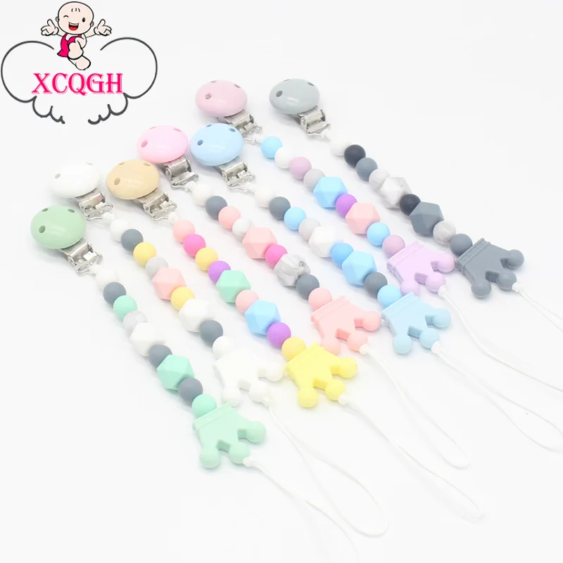 XCQGH Silicone Beads Wood Baby Pacifier Clip Teether Chew Toy Dummy Nipple Teethers Clip Holder Baby Shower Gift