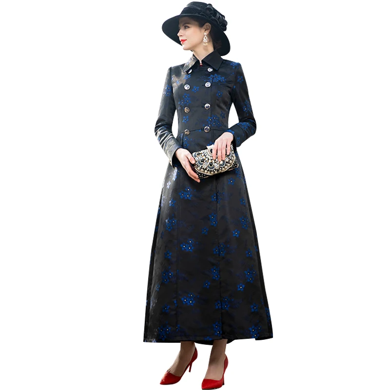 

Spring Autumn Floral Long Coat Plus Size Luxury Runway Trench Women Double Breasted Outwear Coat DZ2064