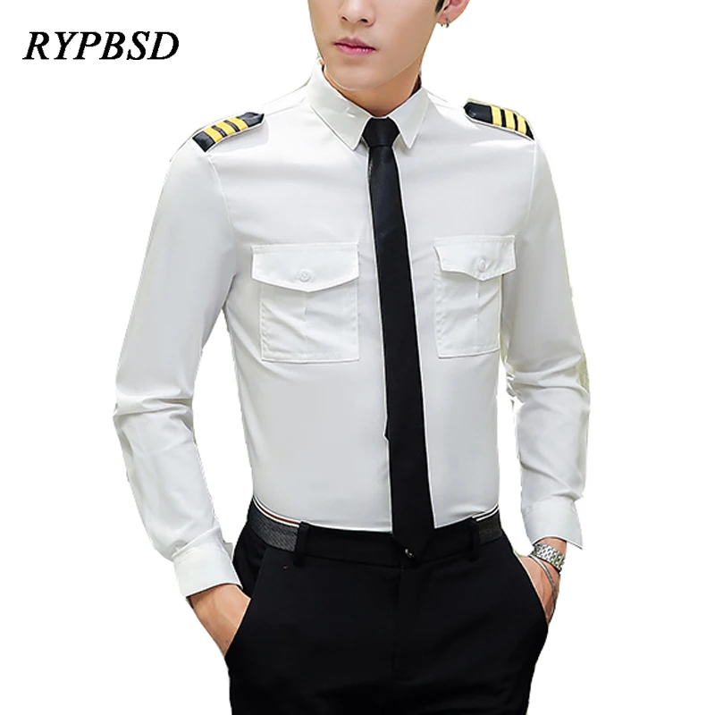 Aviation White Pilot Uniform Men 2024 Autumn Slim Single-Breasted Long Sleeve Casual Pilot Shirts for Men Office Work Clothes