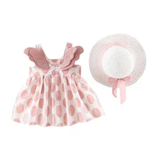 Одежда для маленьких девочек платье без рукавов на бретелях с принтом в горошек с крыльями+ шляпа от солнца, 2 предмета, одежда для малышей