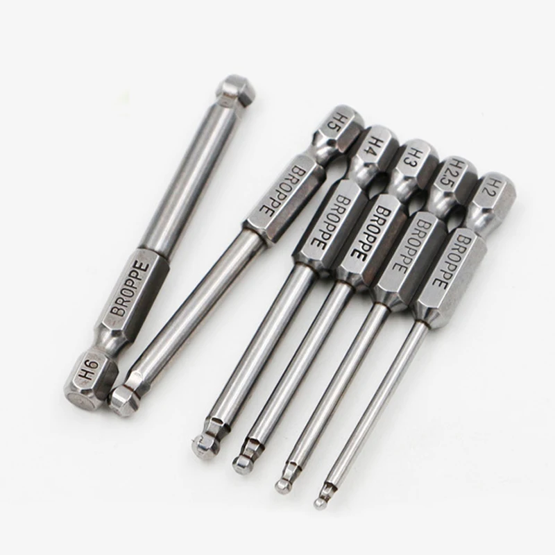 6 Pcs/set 1/4" 65mm H2 H6 Ball Head Hex Screwdriver Bit S2