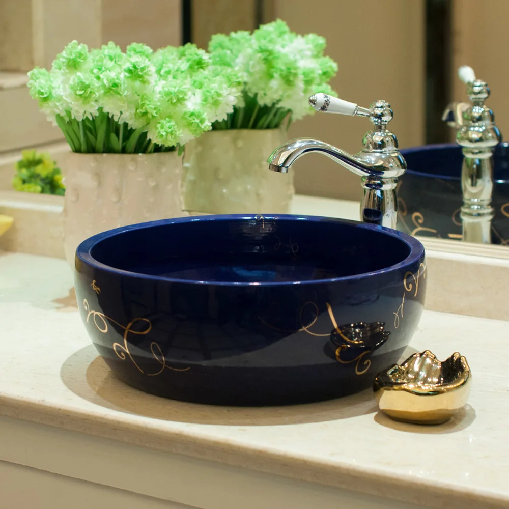 Bathroom Above Counter Basin Ceramic Bathroom Vanity Bathroom Wash Basin Blue Gold Ribbon LO620204 Bathroom Above Counter Basin Ceramic Bathroom Vanity Bathroom Wash Basin Blue Gold Ribbon LO620204