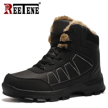 

REETENE Super Warm Men Boots Mens Work Safety Shoes Winter Fur Warm Snow Boots Plush Warm Waterproof Boots Leather Ankle Boots
