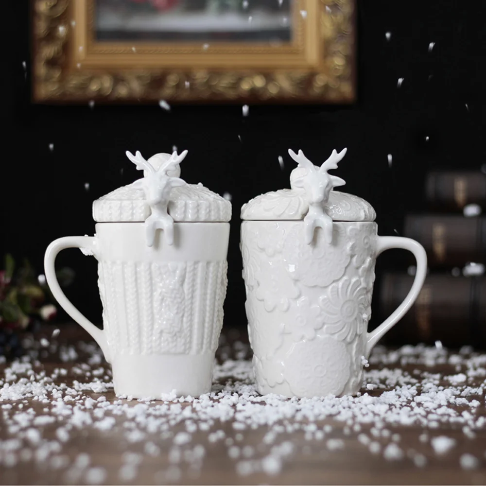 

1 Pcs Christmas Deer Ceramic Mug with Spoon Emboss Elk Tea Mug Creative Beer Mug Porcelain Coffee Cup Office Teatime Drinkware