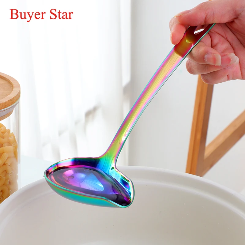 

New Colorful 18/10 Stainless Steel Sauce Drizzle Spoon with Spout Small Soup Ladle Serving Spoon Creative Oil Spoon Kitchen Tool